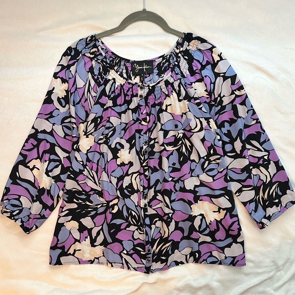 Yumi Kim 100% Silk Abstract Blue Purple Print Blouse Top Boho S buttons 3/4 slv